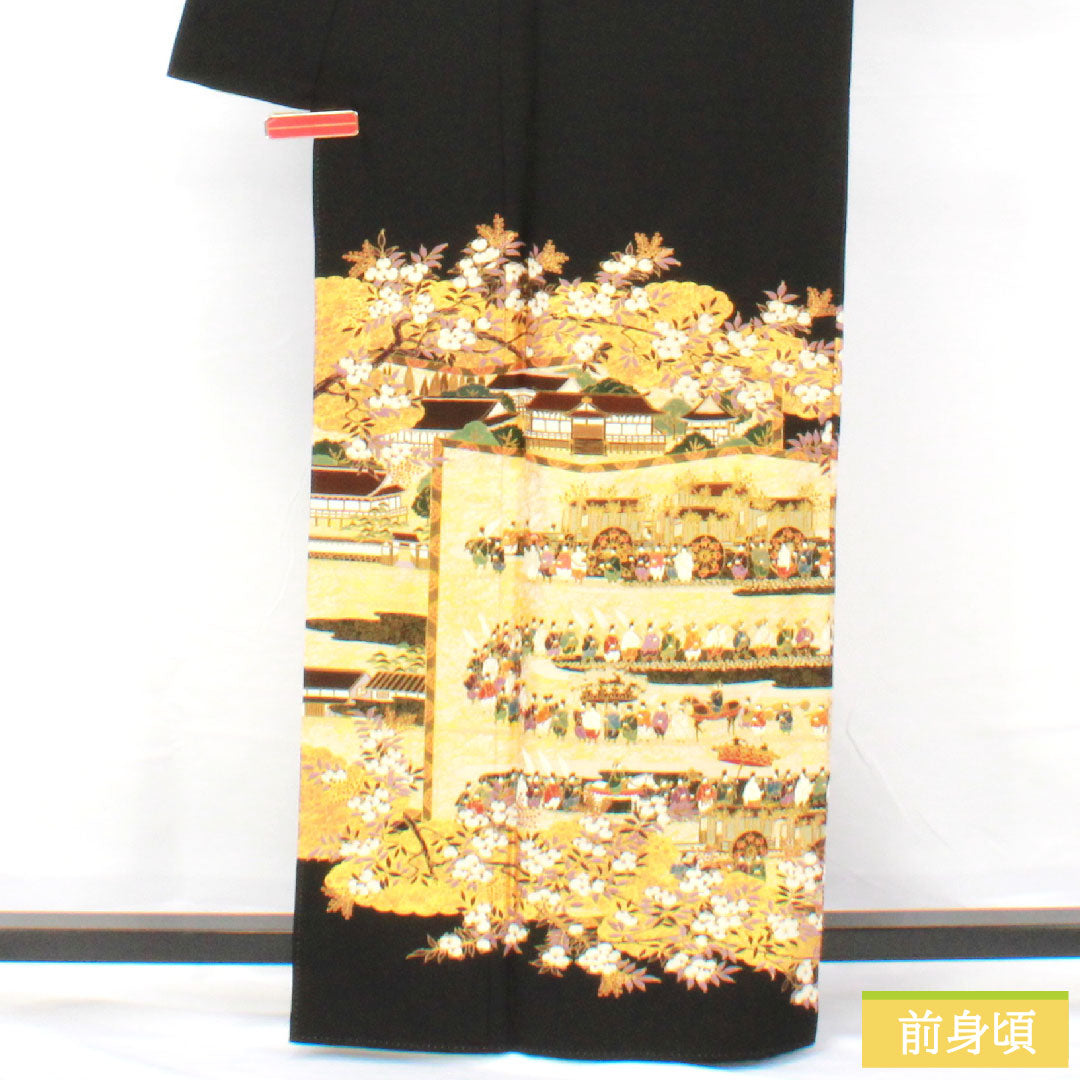 黒留袖 正絹 身丈162.5cm 裄丈69cm 袷 京友禅 大名行列 作家物 松尾光琳 五つ紋 丸に角立四ツ目 Aランク 黒系 1111001603410
