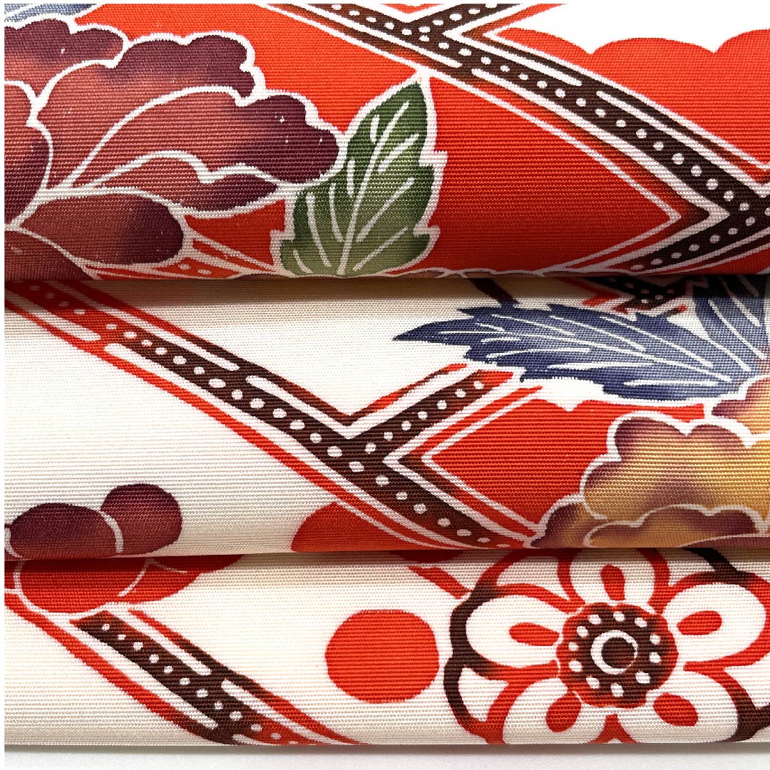 Nagoya obi, white, Kyo-Bingata, peony, plum, bamboo, obi length 364.5cm, pure silk, A rank, point pattern, casual, white, 1124004803311, Nagoya style