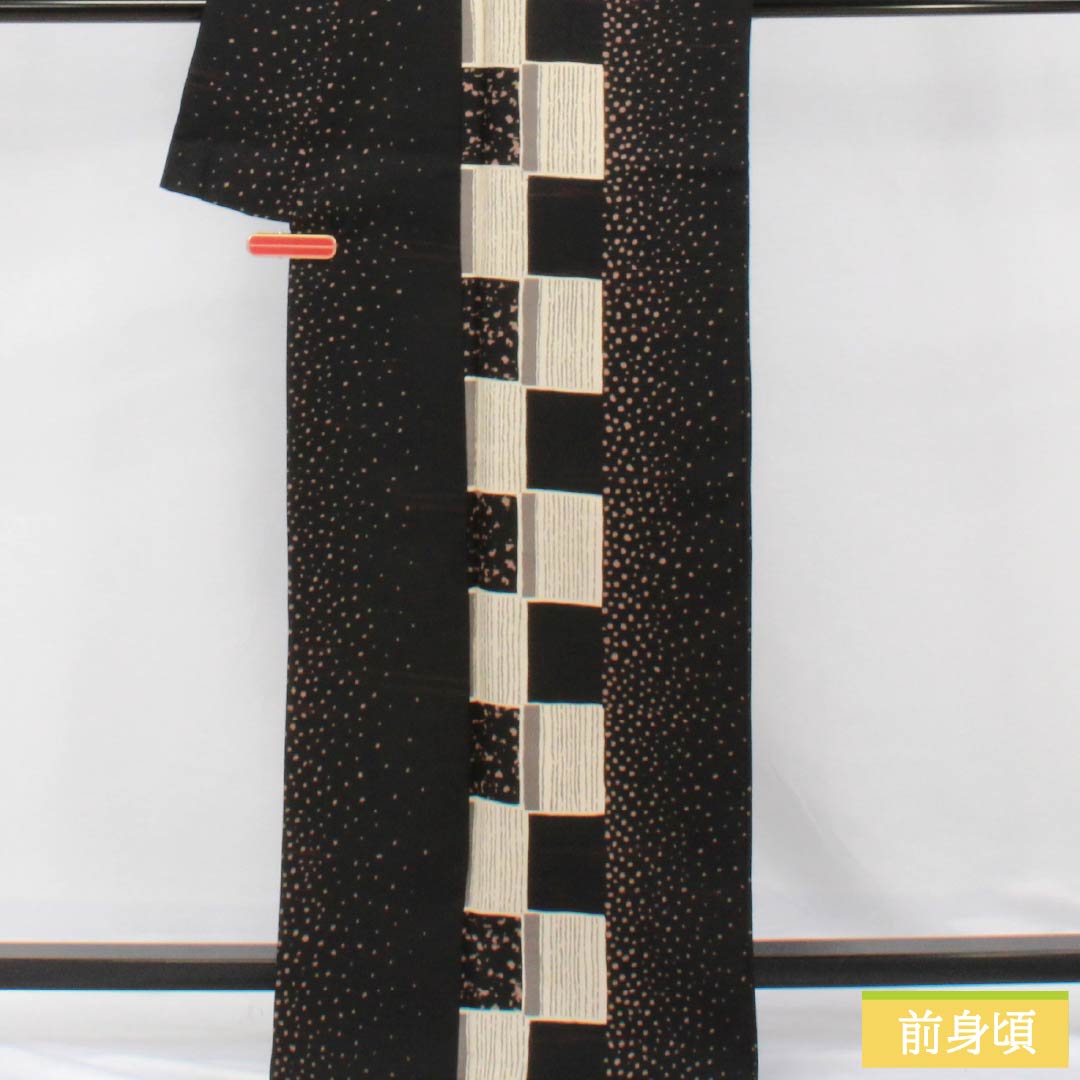 Komon (small pattern) Polyester Kimono, Rank B, Length 165.5cm, Sleeve Length 65.5cm, Lined, Dot Pattern, Checkered Pattern, Washable, Black, 1115006754510