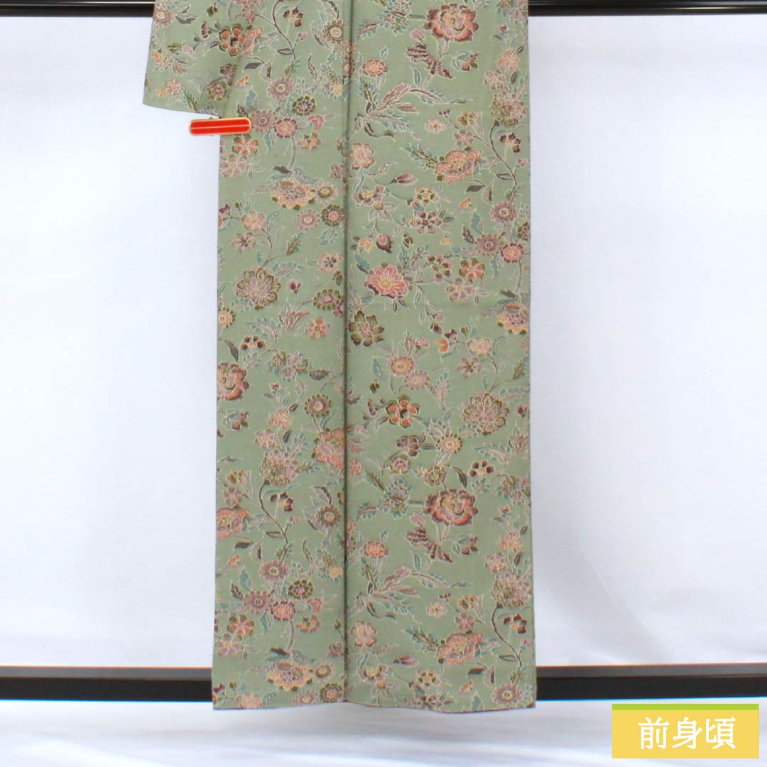 Komon (small pattern) silk, S rank, length 156.5cm, sleeve length 63cm, lined, Rikyu gray (Rikyu mouse color), chintz, green, 1115007162319