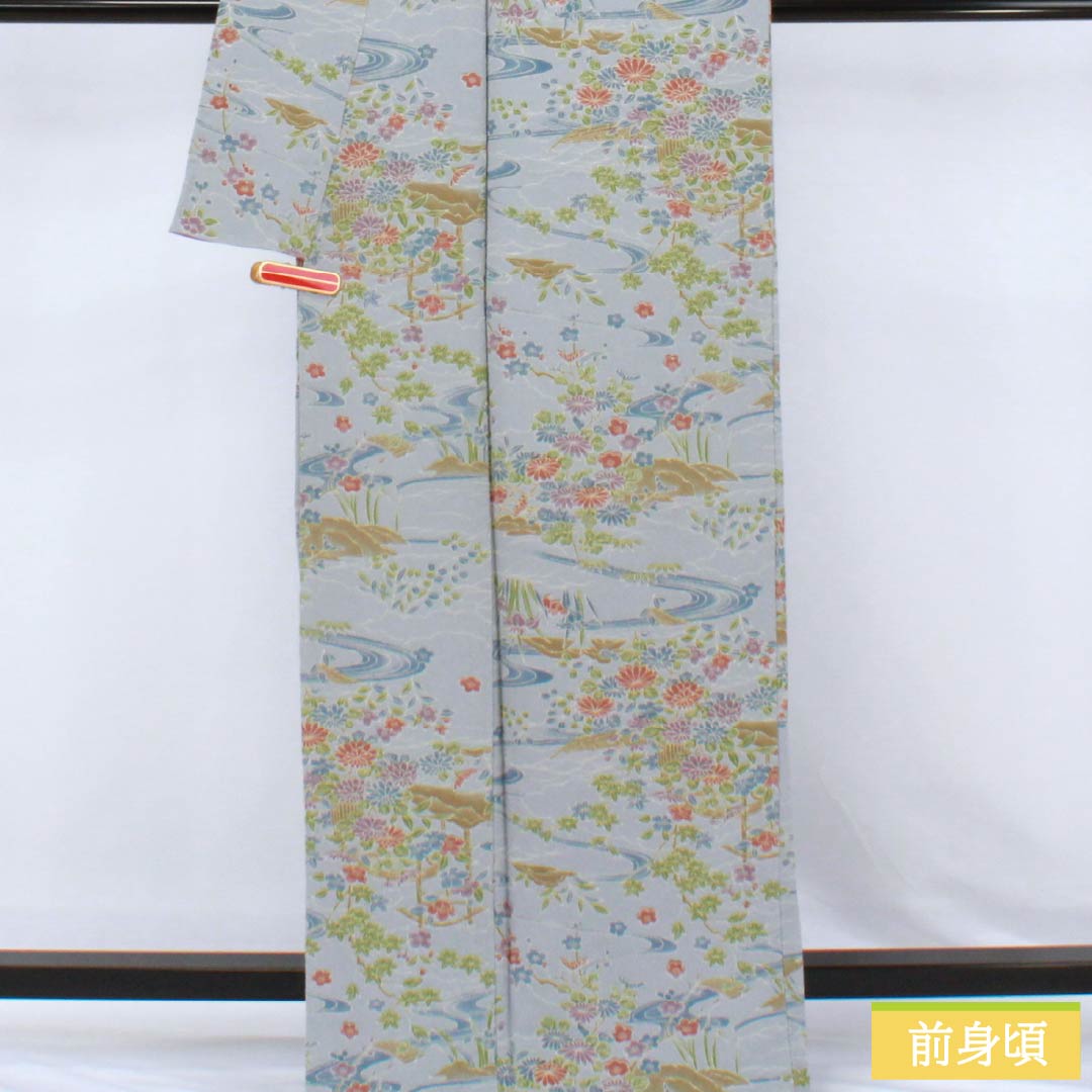 小紋 ポリエステル Sランク 身丈166cm 裄丈66cm 袷 青袋鼠色(せいたいねずいろ) 流水 花 洗える着物 水色系 1115007392524