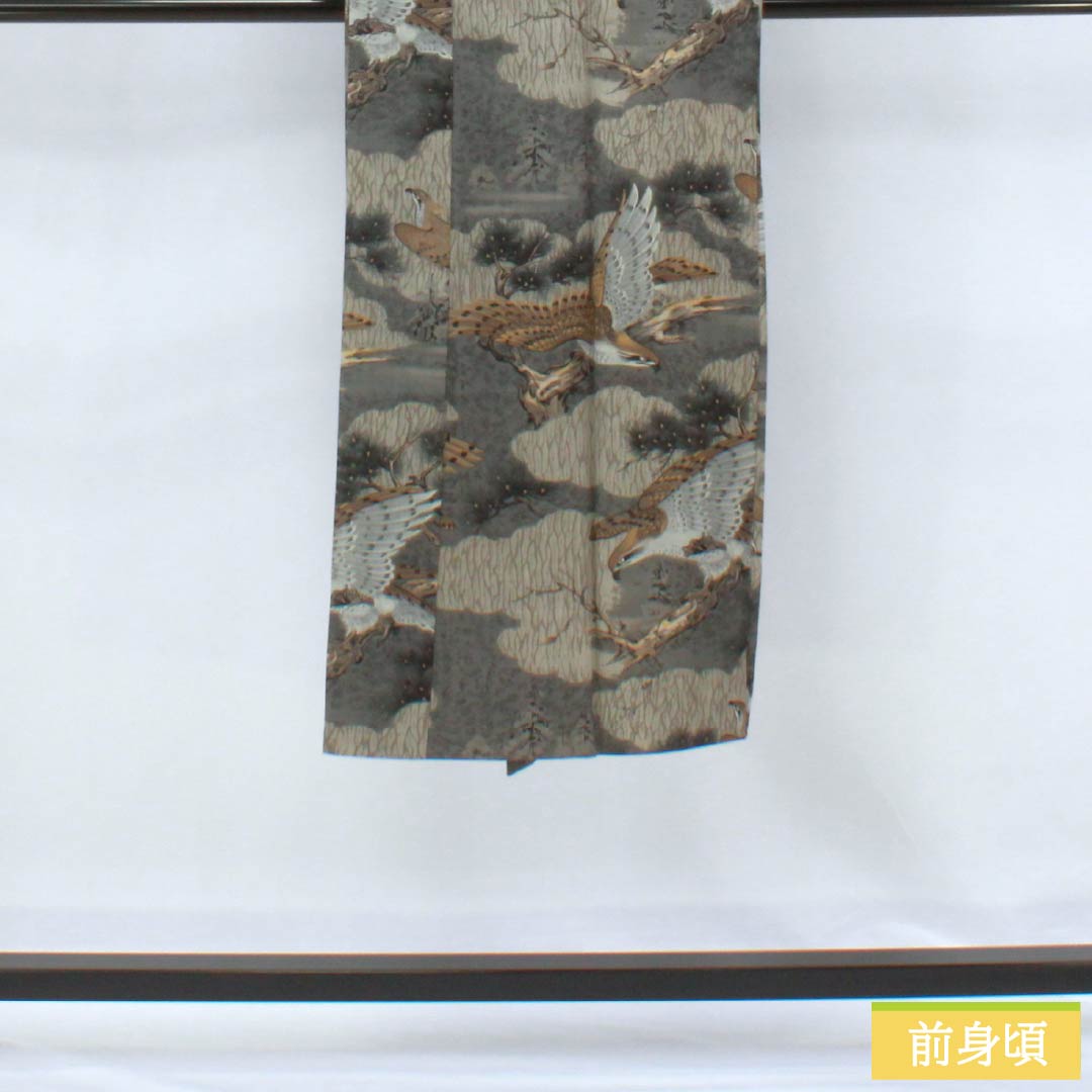 Men's wool nagajuban (long under-kimono), Grade A, length 131.5cm, sleeve length 65cm, indigo and silver soot bamboo color with pine and eagle designs, gray tones, single layer, product number 1140000753322