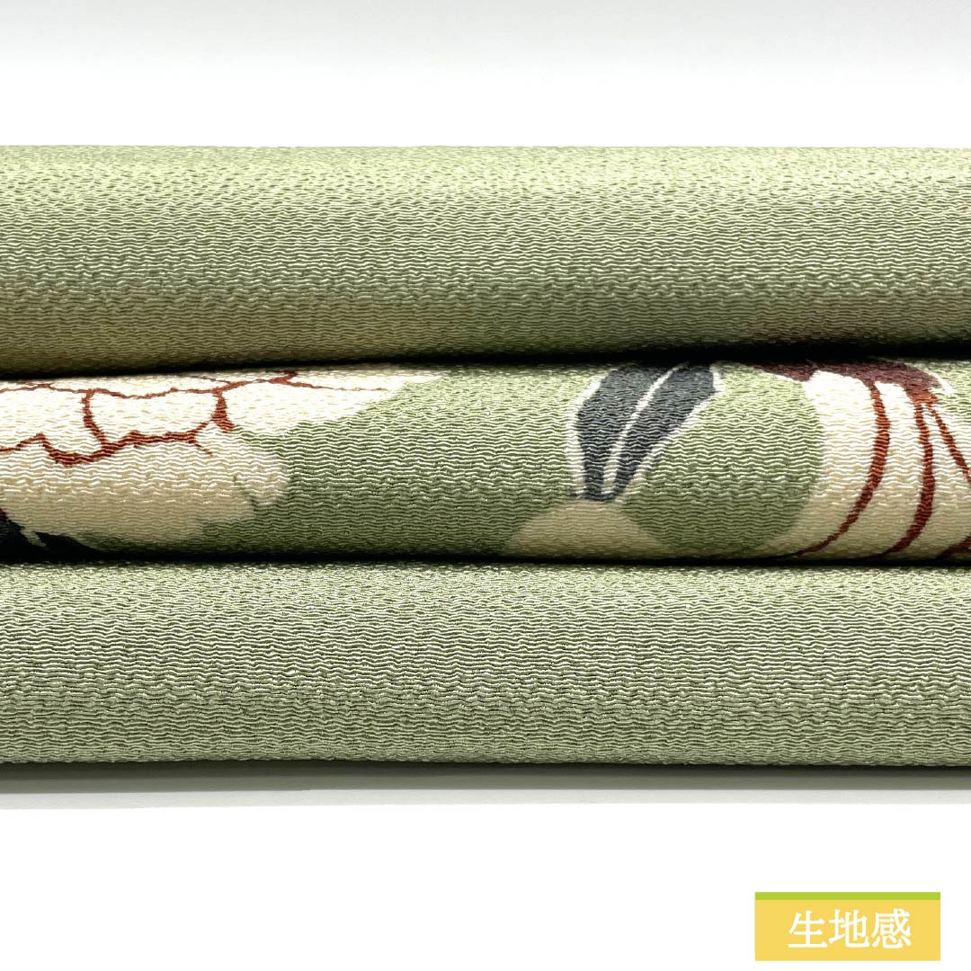 Nagoya Obi, Pure Silk, Grade A, Light Indigo (Asakiaiiro), Stencil-Dyed Chirimen Fabric, Floral Pattern, Length 358cm, Pointed Pattern, Casual, Green, Product Number 1124009103319, Nagoya Style