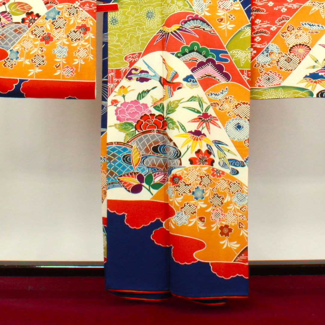 振袖 身丈160cm 裄丈65cm 袷 瑠璃色 京紅型 吉祥文様 正絹 Aランク 紺系 1113001753418