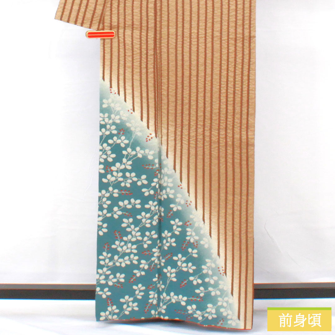 訪問着 正絹 袷 身丈165cm 裄丈63cm 土色(つちいろ) 縞 萩 Aランク 茶系 1112005743514