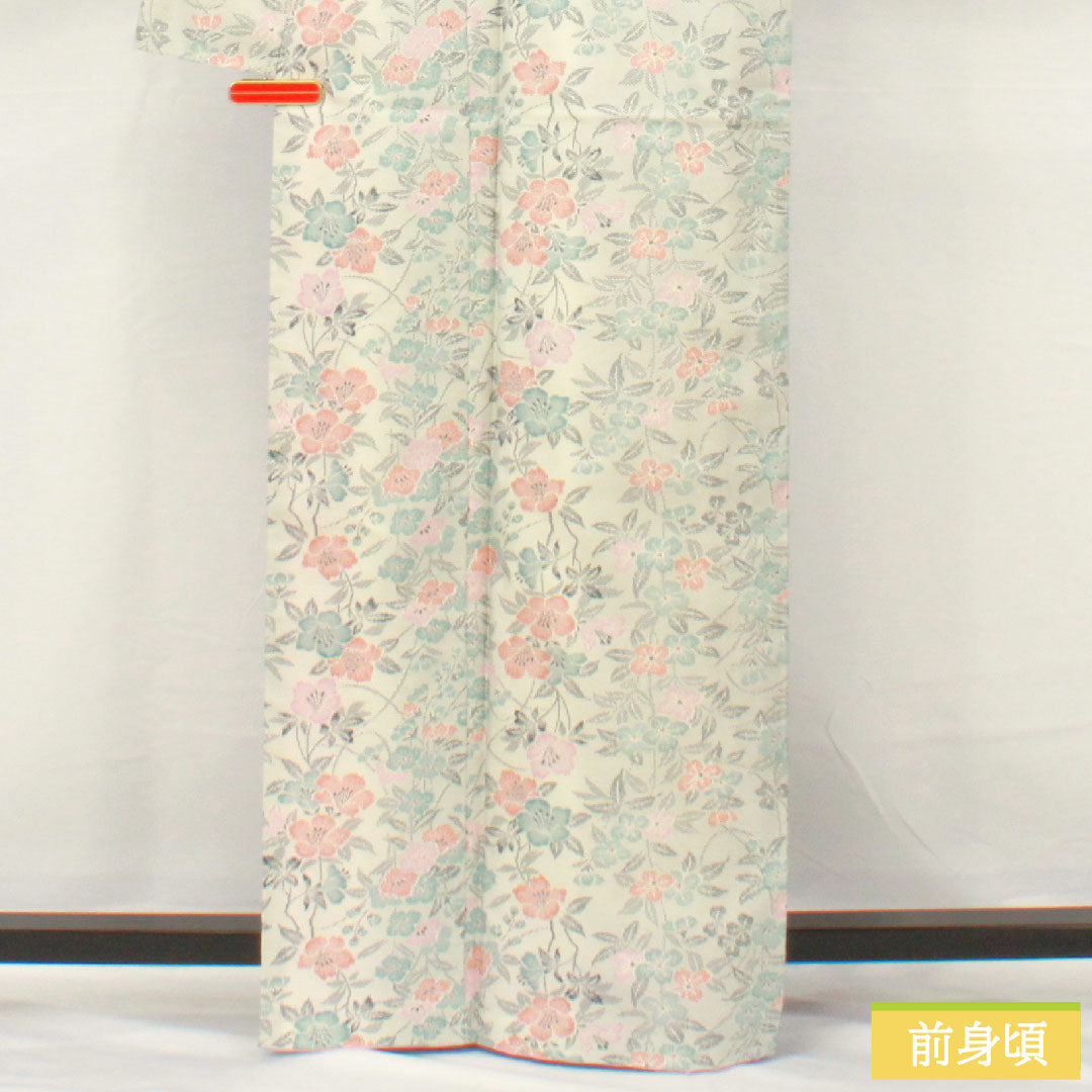小紋 ポリエステル 身丈165cm 裄丈66cm 袷 胡粉色(ごふんいろ) 洗える着物 草花模様 Aランク グレー系 1115004513522