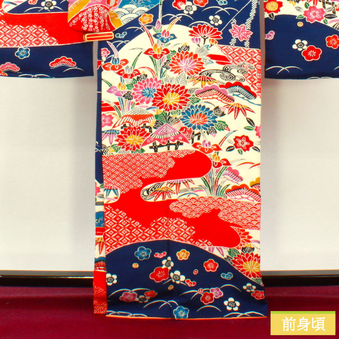 振袖 正絹 身丈165cm 裄丈66cm 袷 瑠璃色(るりいろ) 京紅型 吉祥文様 Aランク 紺系 1113002053518