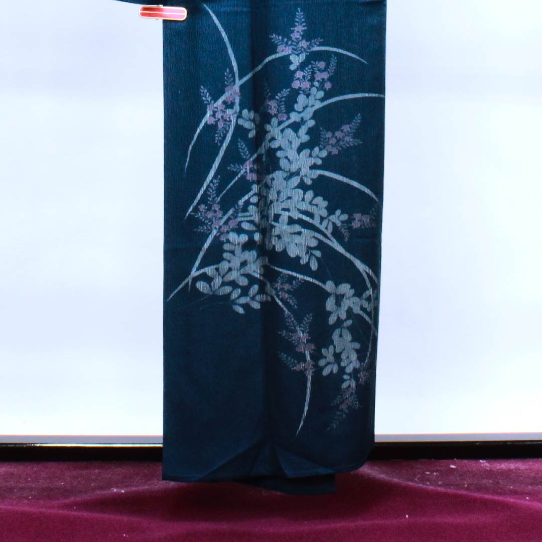 夏物 正絹 訪問着 身丈158cm 裄丈63.5cm 濃藍色(こいあいいろ)草花模様 二重紗 Sランク 紺系 1132000142318