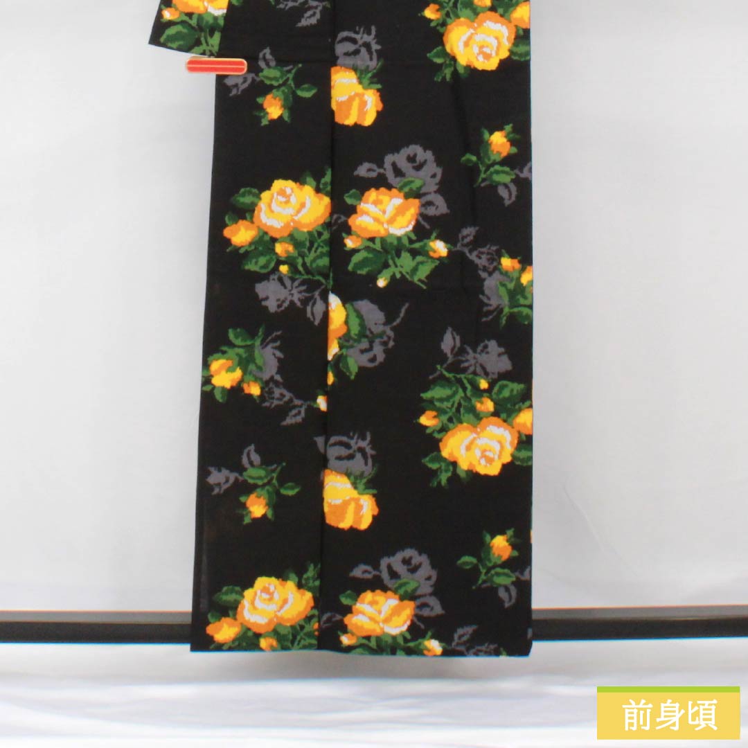 浴衣 木綿 身丈159.5cm 裄丈66cm Aランク 単衣 黒系 薔薇 1118005793310