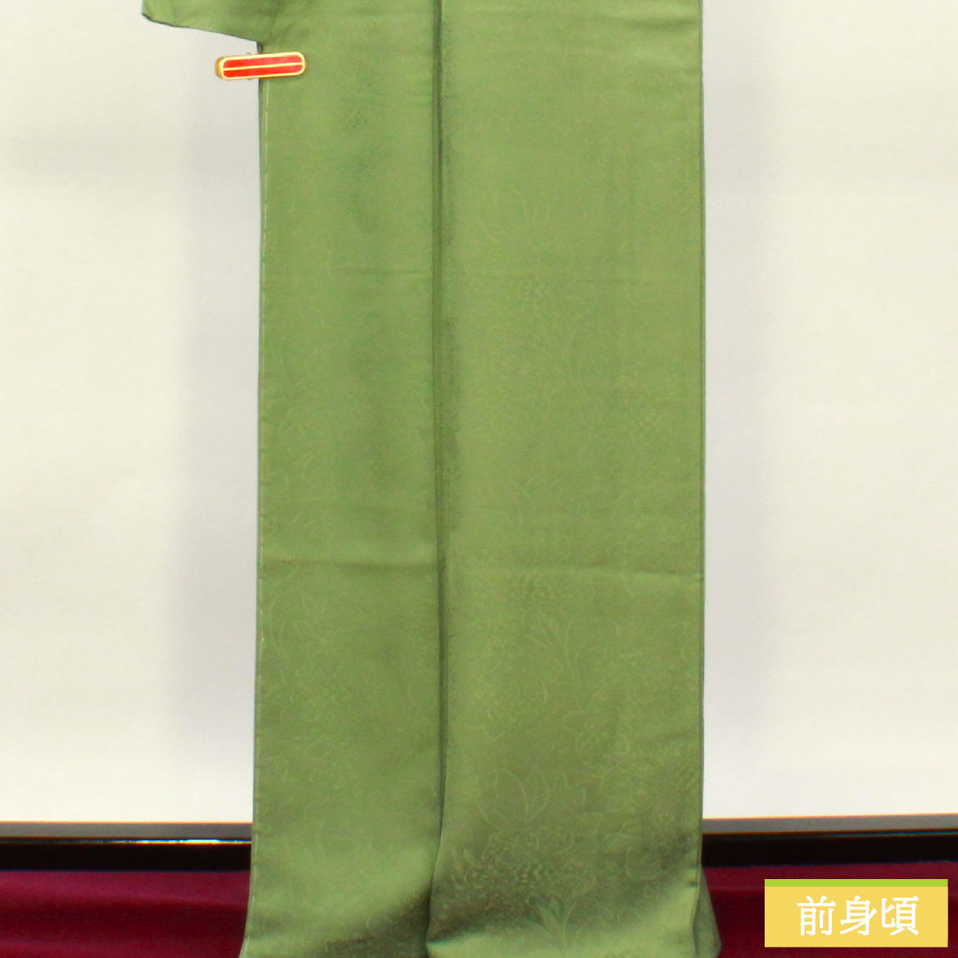 Plain color, pure silk, length 166.5cm, sleeve length 66cm, Bushukan color, silk, circle with paulownia branch, basting thread included, lined, S rank, green, 1114001442519
