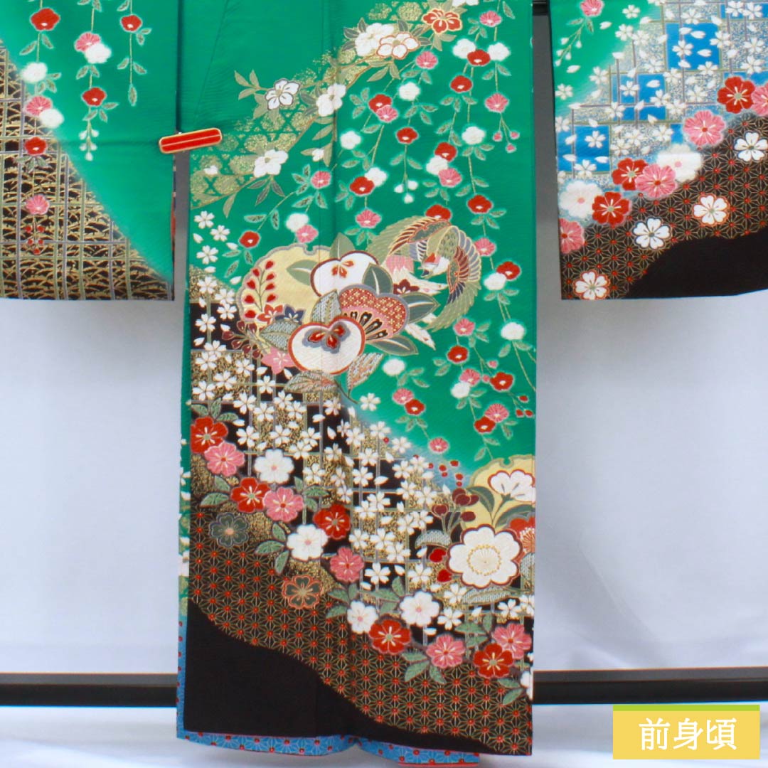 振袖 正絹 Aランク 身丈161cm 裄丈63.5cm 袷 真鴨色(まかもいろ) 吉祥文様 鳳凰 梅 桜 橘 緑系 1113002253419