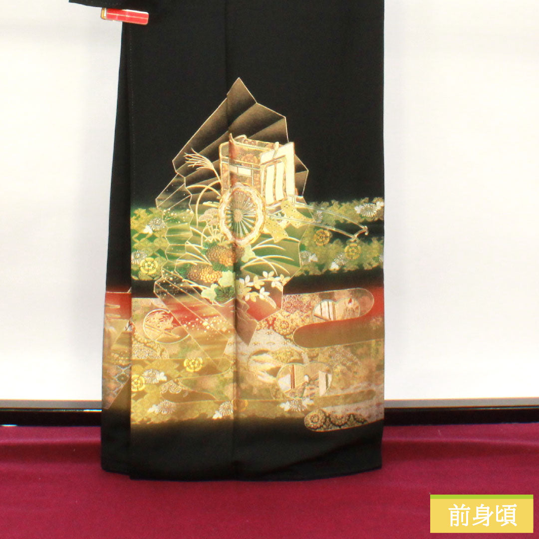 黒留袖 正絹 身丈164cm 裄丈65cm 袷 金彩加工 吉祥文様 作家物 五つ紋 蔦 Aランク 五つ紋 黒系 1111001263410