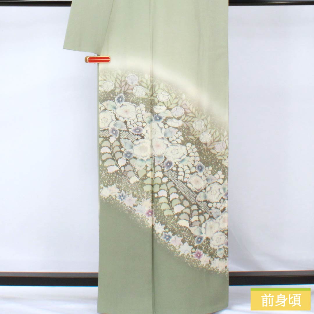 訪問着 正絹 Aランク 袷 身丈163cm 裄丈65.5cm 龍泉青瓷釉色(ロンチュエンチンツーユースーいろ) 京友禅 一つ紋 丸に梅鉢 縫い紋 辻ヶ花 緑系 1112006413419
