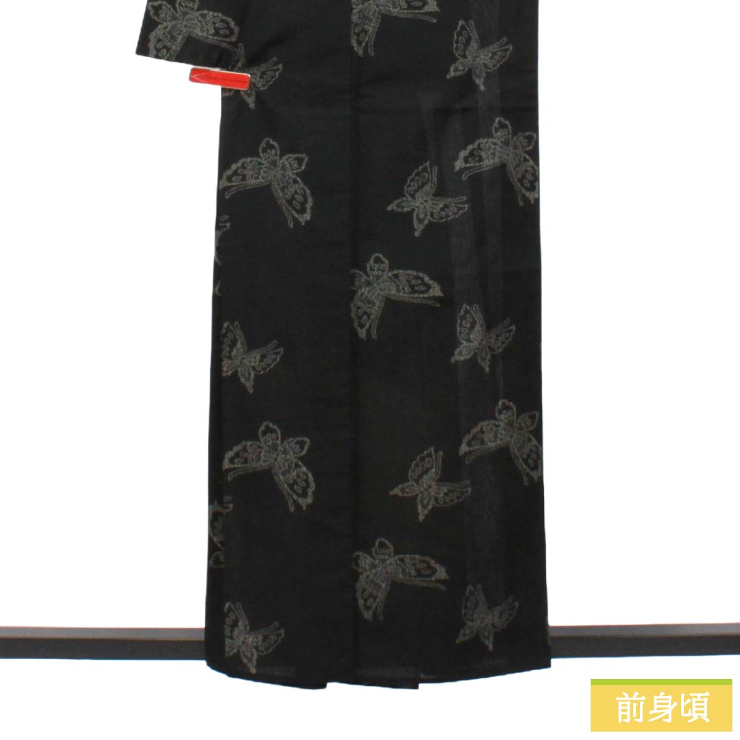 夏物 ポリエステル 紬 Sランク 身丈157cm 裄丈65.5cm 蝶 洗える着物 紗 黒系 1132003512310