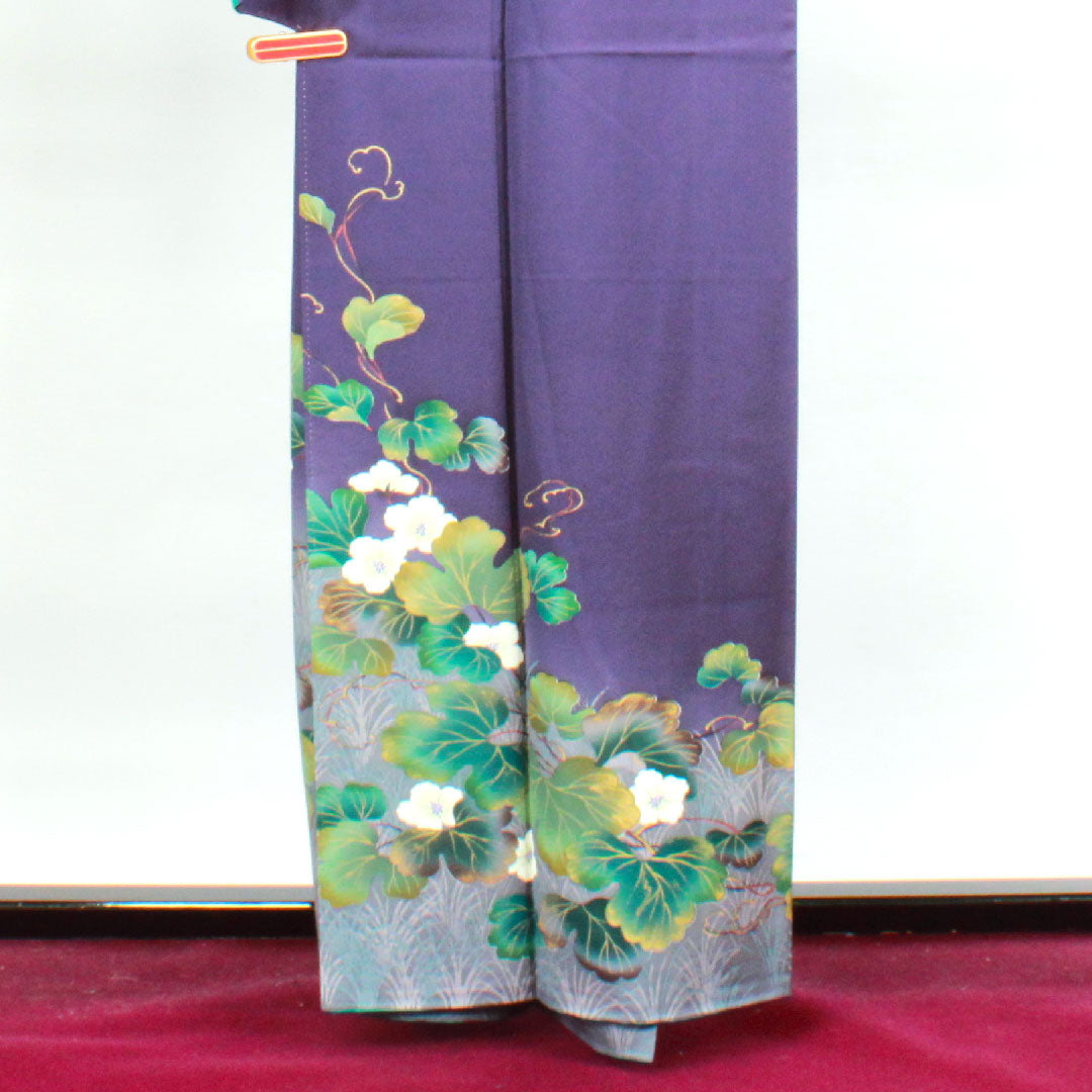 訪問着 正絹 袷 身丈159.5cm 裄丈67cm 緋紺色 中村乃武夫 草花模様 作家物 桔梗に三つ鱗 Sランク 紫系 1112002782320