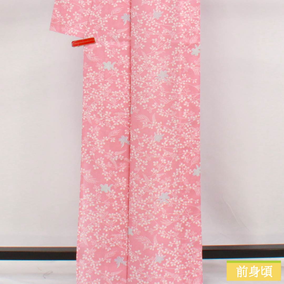 Summer kimono, polyester, small pattern, length 166.5cm, sleeve length 68.5cm, medium crimson flower color (nakano kurenai iro), plant pattern, lining, washable, pink, S rank, ro, 1132002622513