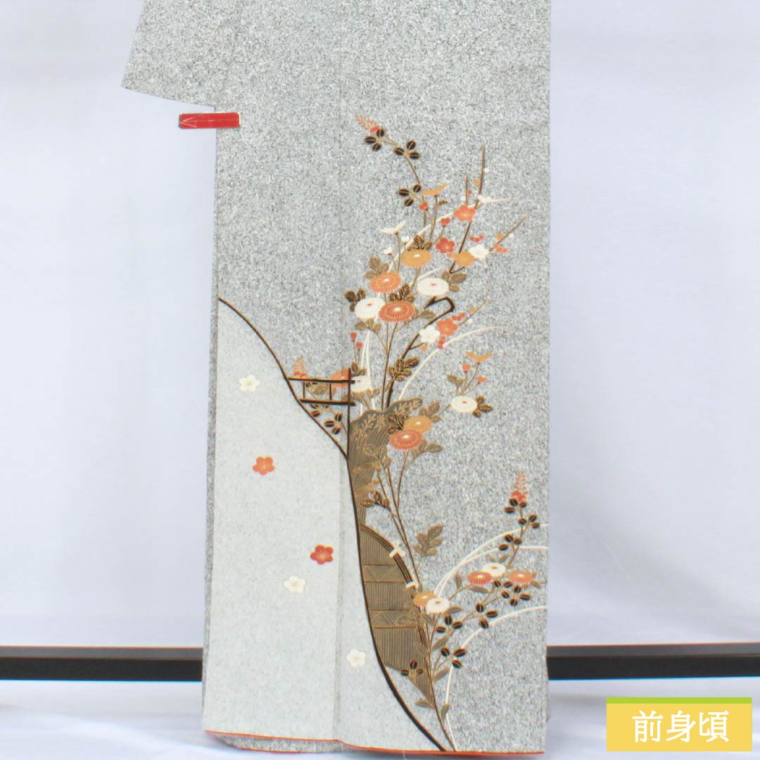 訪問着 正絹 Sランク 袷 身丈163cm 裄丈68cm 京友禅 付下げ タタキ染 草花 重ね衿 しつけ糸付き モノトーン 1112007642427