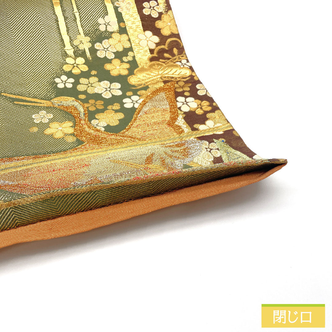 Formal, green-toned, pure silk obi with a crane design, bamboo, and plum motifs, suitable for furisode (long-sleeved kimono). Length: 436cm. Product code: 1123016502319.