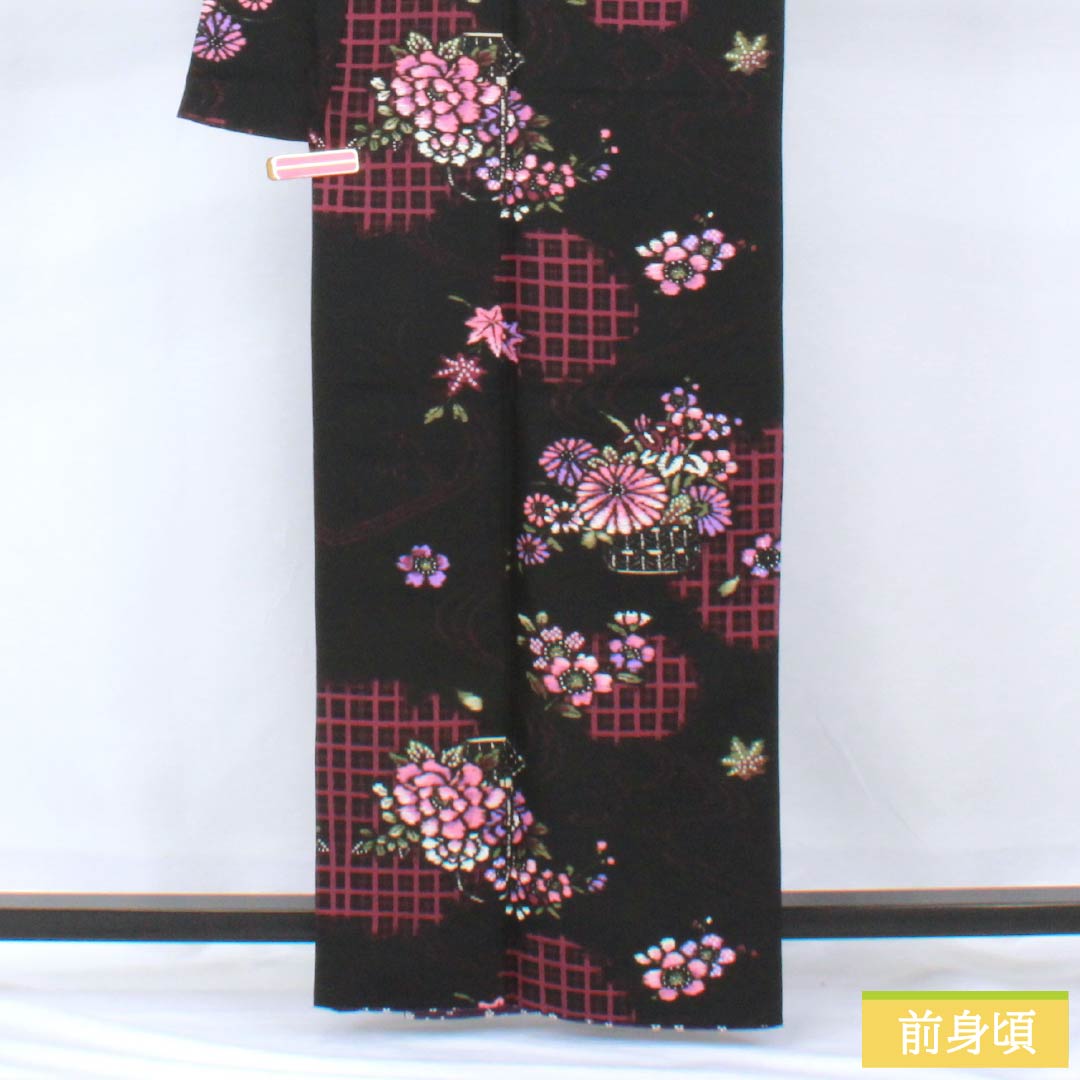 Komon (small pattern) kimono, polyester, length 163cm, sleeve length 67cm, lined, flower basket design, washable, rank A, black, product number 1115005893410