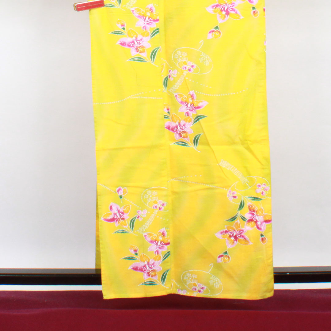 Yukata, Sunflower color, Wind chimes and flower pattern, Cotton, A rank, Single layer, Length 161.5cm, Sleeve length 69cm, Yellow, 1118001033423