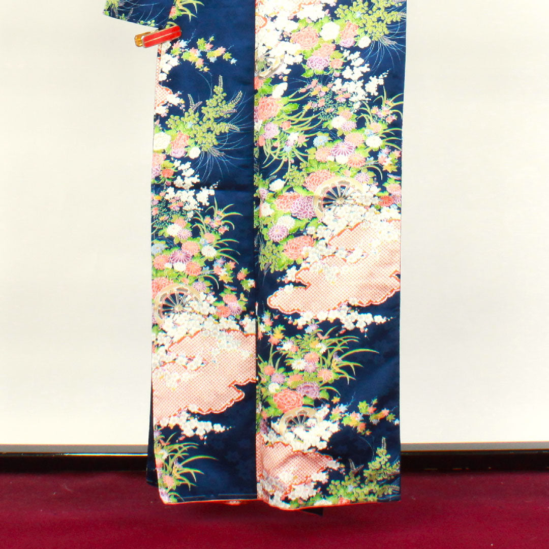 小紋 身丈160cm 裄丈65cm 袷 濃藍色 洗える着物 花車 草花模様 ポリ Sランク 紺系 1115003302418