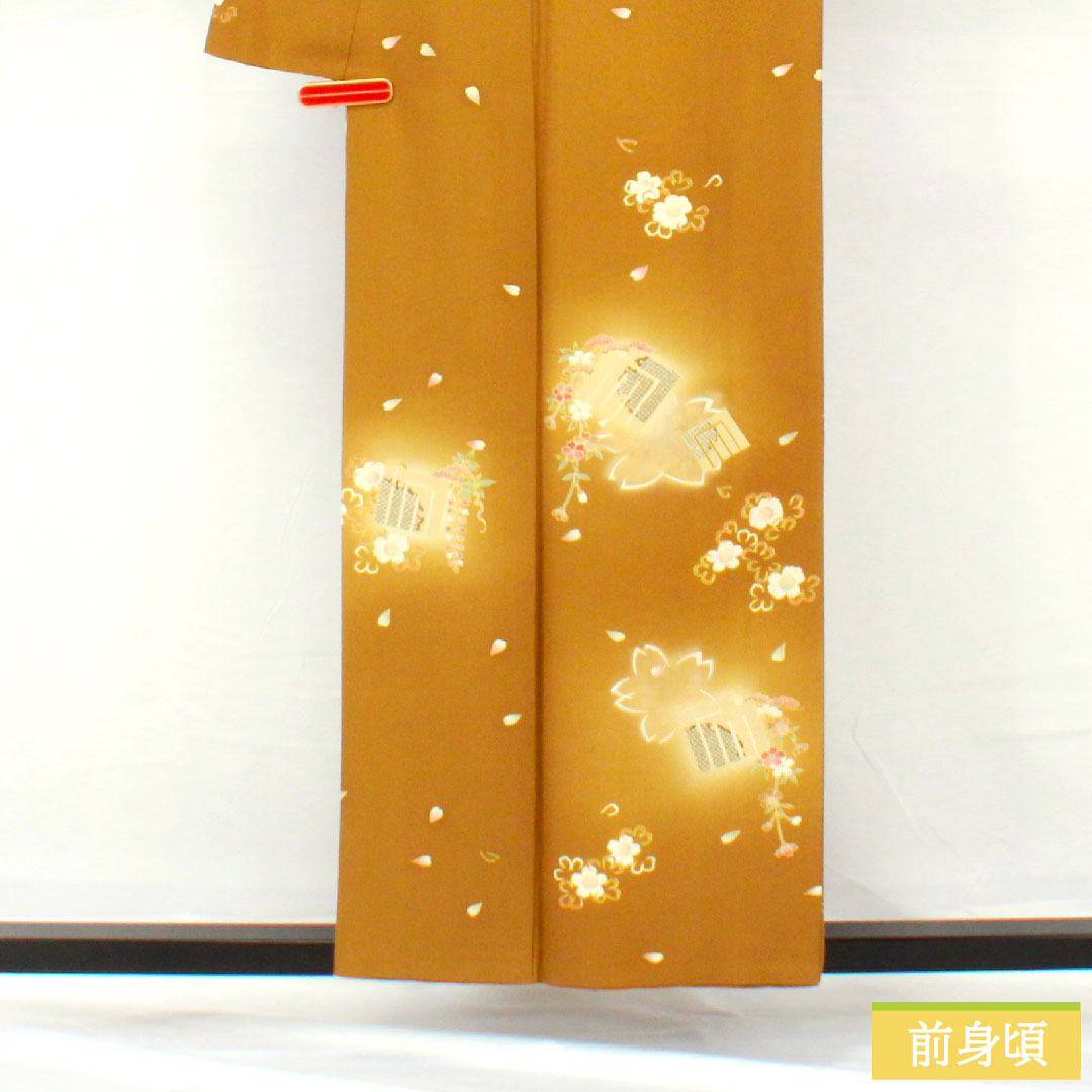 訪問着 正絹 袷 身丈156cm 裄丈66.5cm 木蘭色(もくらんじき) 桜 源氏香 パールトーン加工 Aランク 黄系 1112005433323