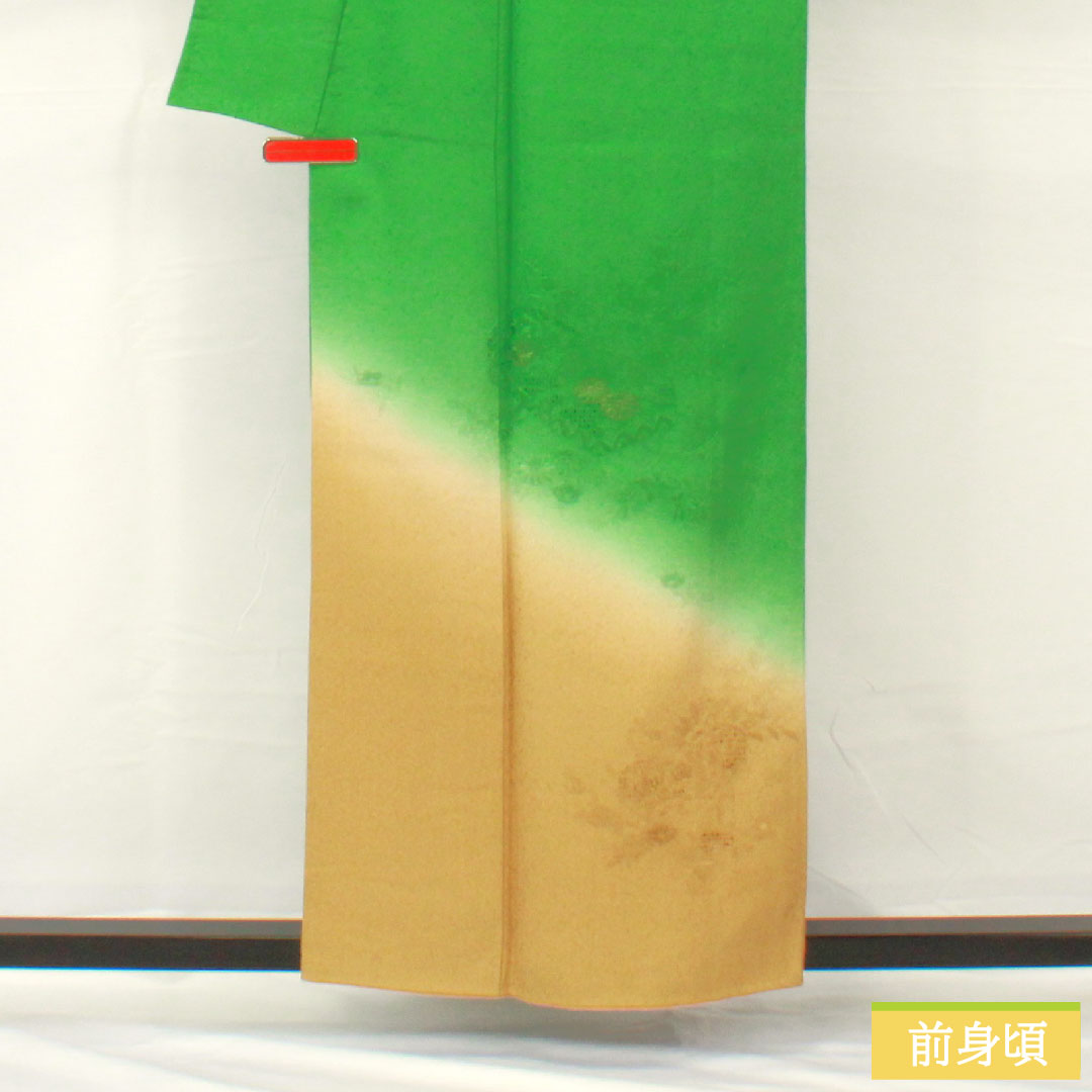 Homongi, pure silk, lined, length 157.5cm, sleeve length 62.5cm, grass green, Shantou embroidery, floral pattern, Scotchgard, S rank, green, 1112004992319