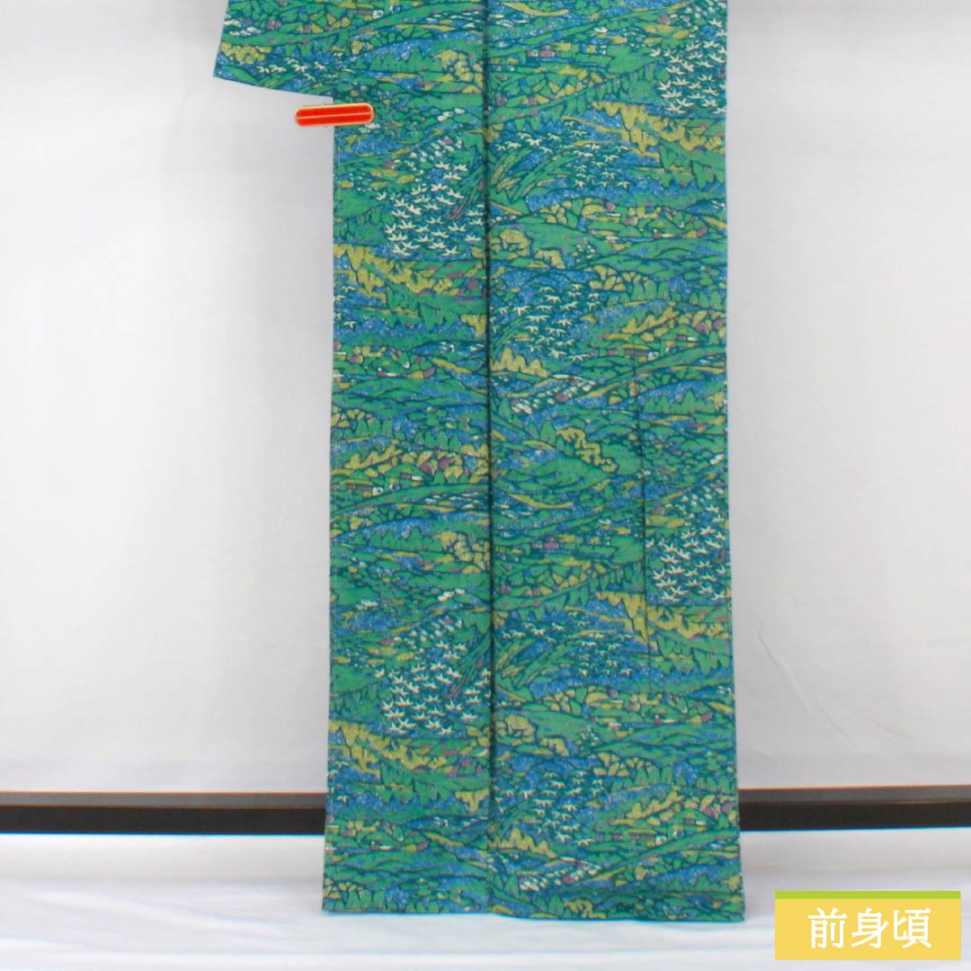 小紋 正絹 身丈164.5cm 裄丈68cm 袷 露草色(つゆくさいろ) 型染 風景絵画調 しあわせガード Sランク 青系 1115005422417