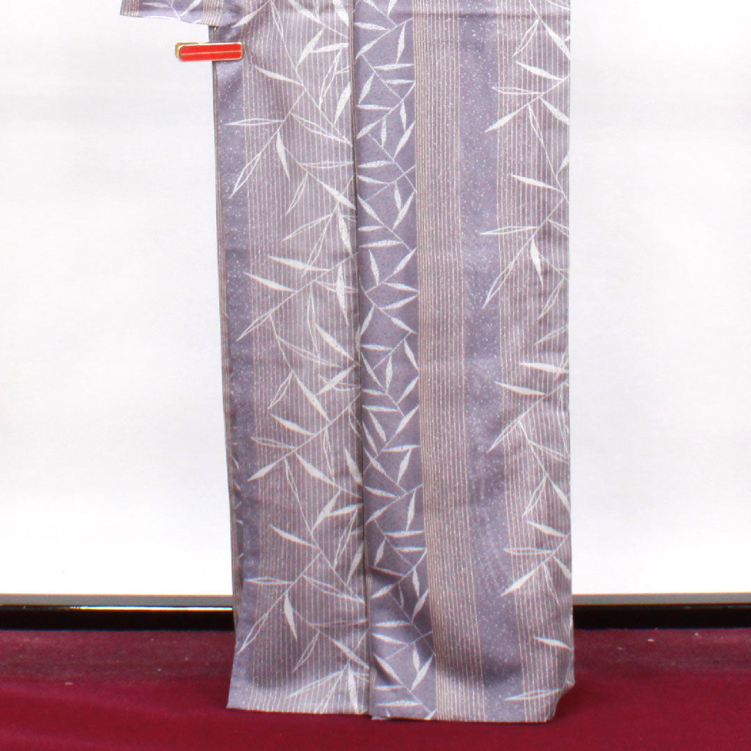 Summer kimono, polyester, small pattern, length 166cm, sleeve length 65cm, medium-light purple, bamboo leaves, stripes, washable kimono, silk, S rank, purple, 1132001482520