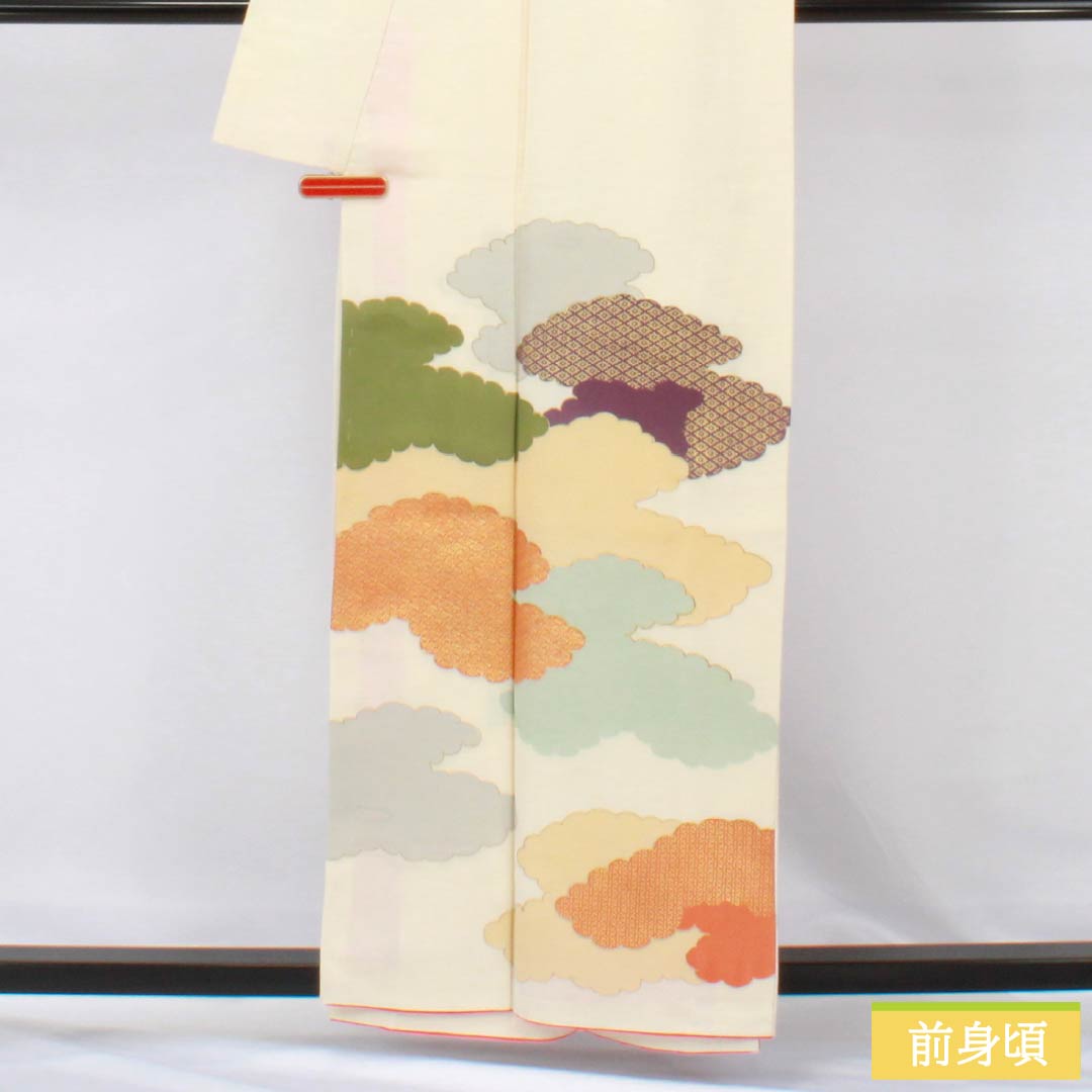 訪問着 正絹 Aランク 袷 身丈157.5cm 裄丈62cm 乳白色(にゅうはくしょく) 京友禅 雲取り しつけ糸付き 白系 1112006563311
