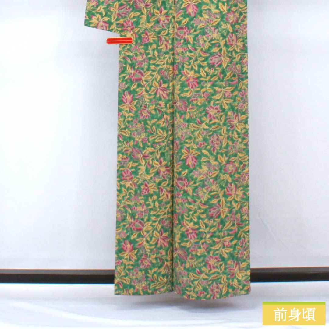 Komon, pure silk, length 159cm, sleeve length 62cm, lined, bronze color, stencil dyeing, all-flower pattern, S rank, green, 1115005362319