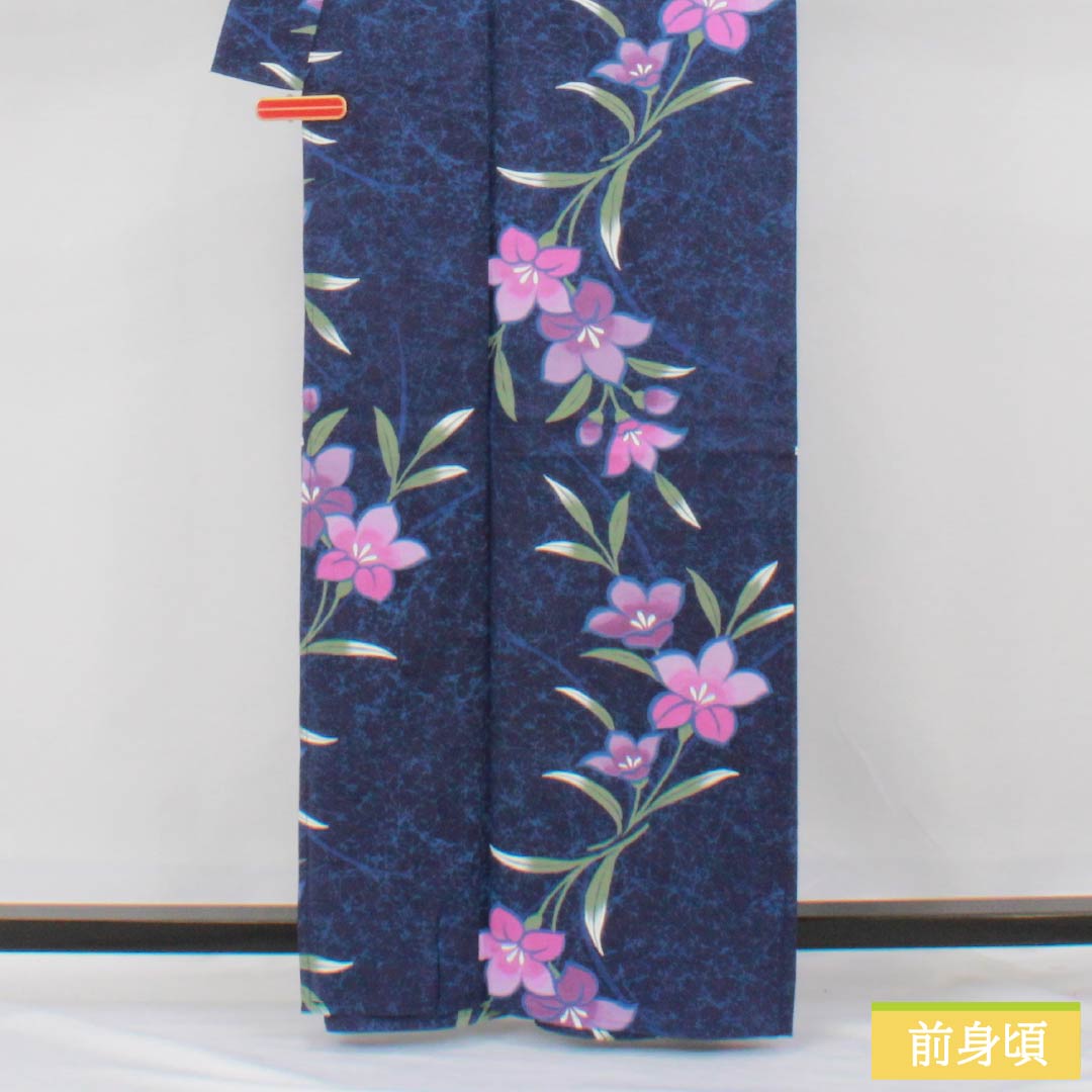 浴衣 木綿 身丈163cm 裄丈66cm Sランク 単衣 紺系 紺色(こんいろ) 竜胆 1118006432418