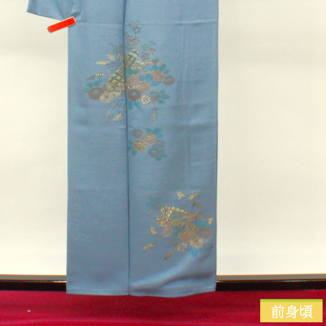 訪問着 正絹 袷 身丈158cm 裄丈63cm 薄花色(うすはないろ) 刺繍 草花模様 Aランク 青系 1112004693317