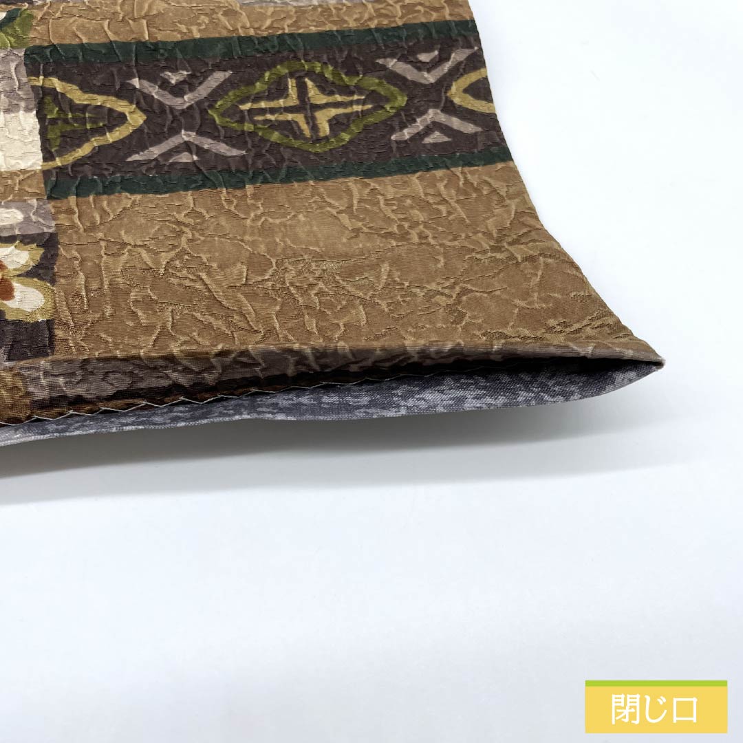 袋帯 正絹 団栗色(どんぐりいろ) リバーシブル 花唐草 幾何学模様 帯丈448cm Sランク 全通 カジュアル 茶系 1123012462314