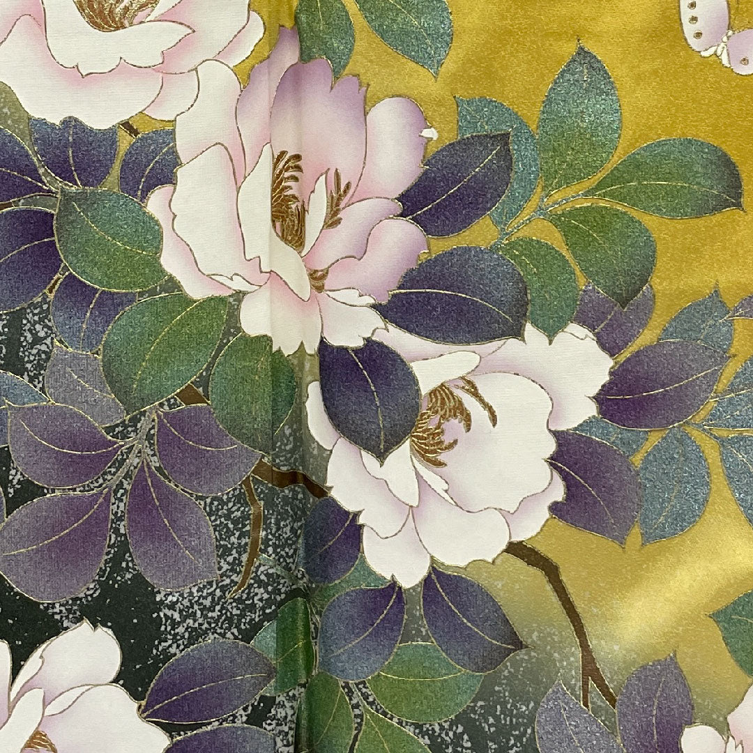 振袖 身丈159cm 裄丈67cm 袷 蝶 花柄 正絹 Aランク 黄系 1113000383323