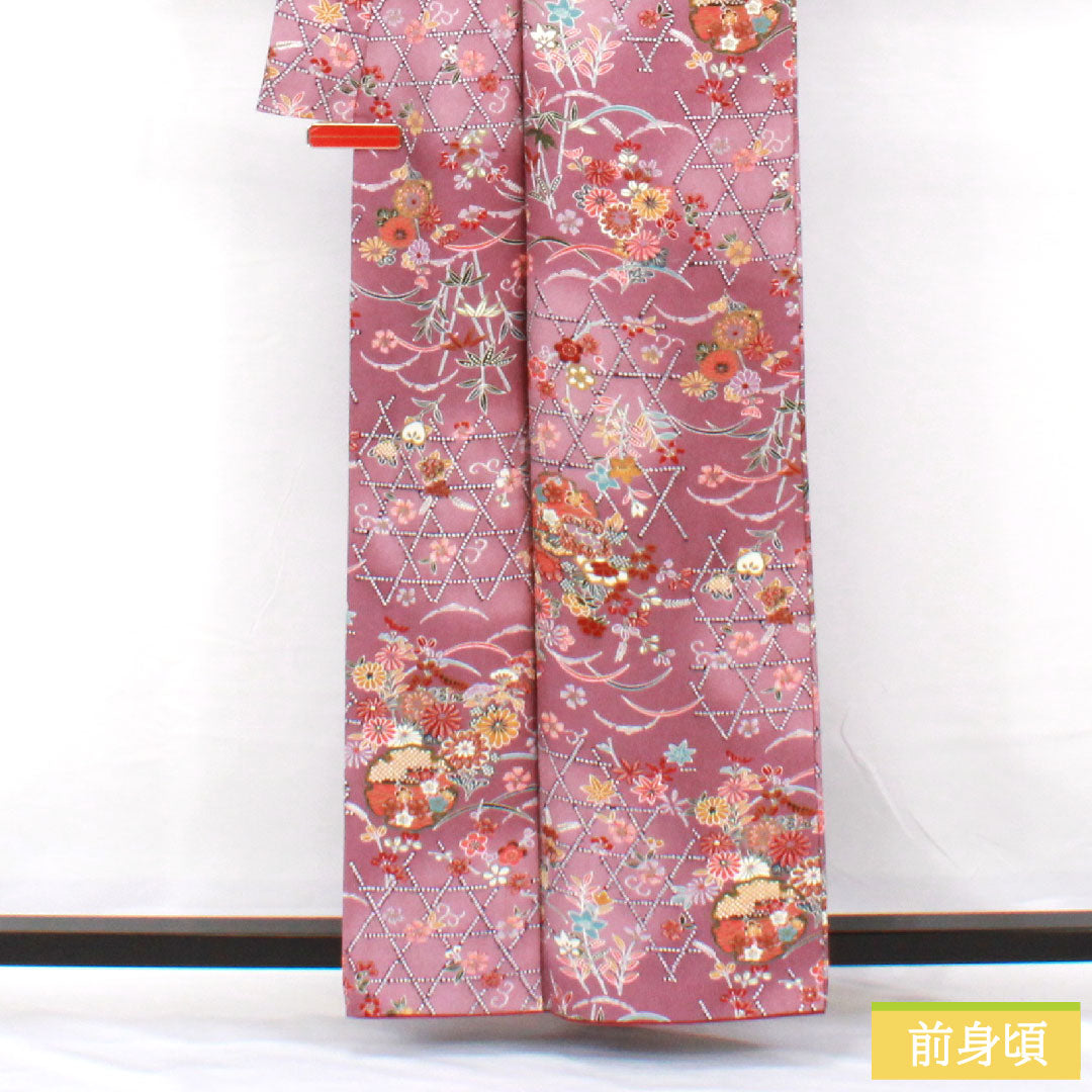 Small pattern, polyester, length 169.5cm, sleeve length 64.5cm, lined, Kyoto wisteria color, washable kimono, floral pattern, A rank, purple, 1115004623520