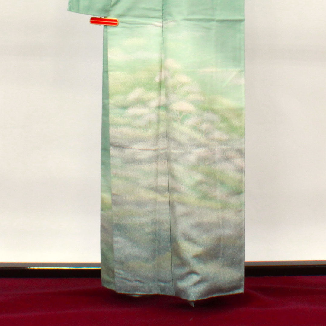 Homongi, pure silk, lined, length 161cm, sleeve length 62.5cm, bean blue, Ushiku Tsumugi, abstract pattern, A rank, green, 1112003263419