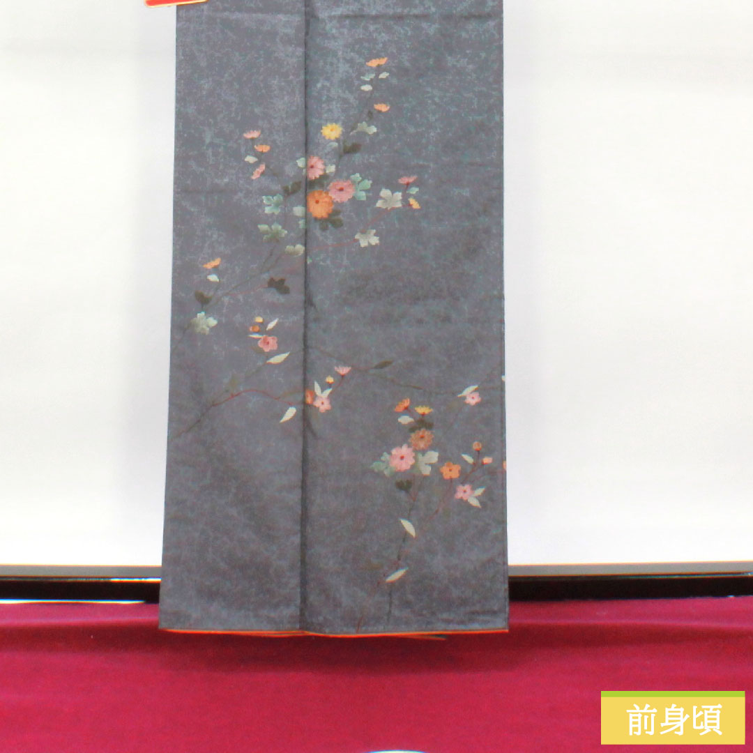 Homongi, pure silk, lined, length 161cm, sleeve length 63cm, grayish blue, Oshima Tsumugi, floral pattern, artist's work, A rank, gray, 1112004013422