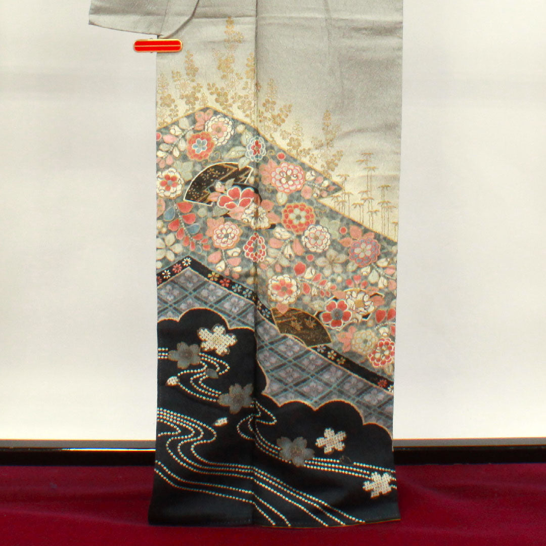 Homongi, pure silk, lined, length 166cm, sleeve length 66cm, mercury color, Kyo-Yuzen, Tsujigahana, S rank, gray, 1112003062522