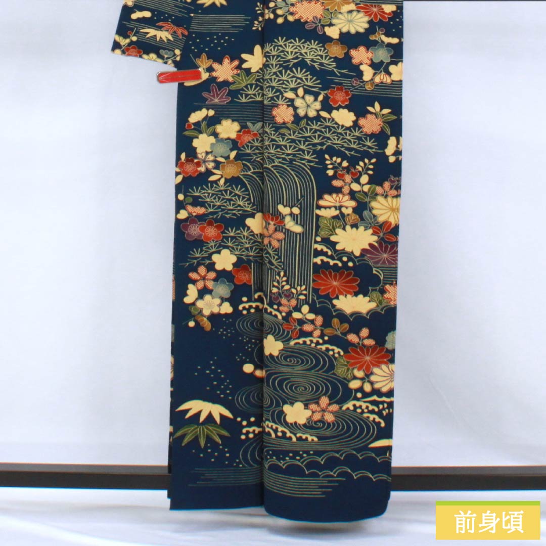 Visiting Kimono, Pure Silk, Grade A, Lined, Length 160cm, Sleeve Length 64.5cm, Navy Blue, Stencil Dyed, Flowing Water, Small Flowers, Navy Blue, Item Number: 1112006913418