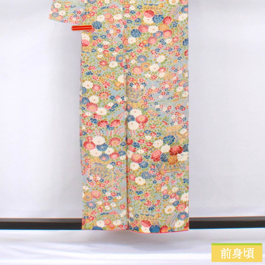 小紋 正絹 身丈156.5cm 裄丈64cm 袷 砧青磁色(きぬたせいじいろ) 花籠 Sランク 水色系 1115005792324