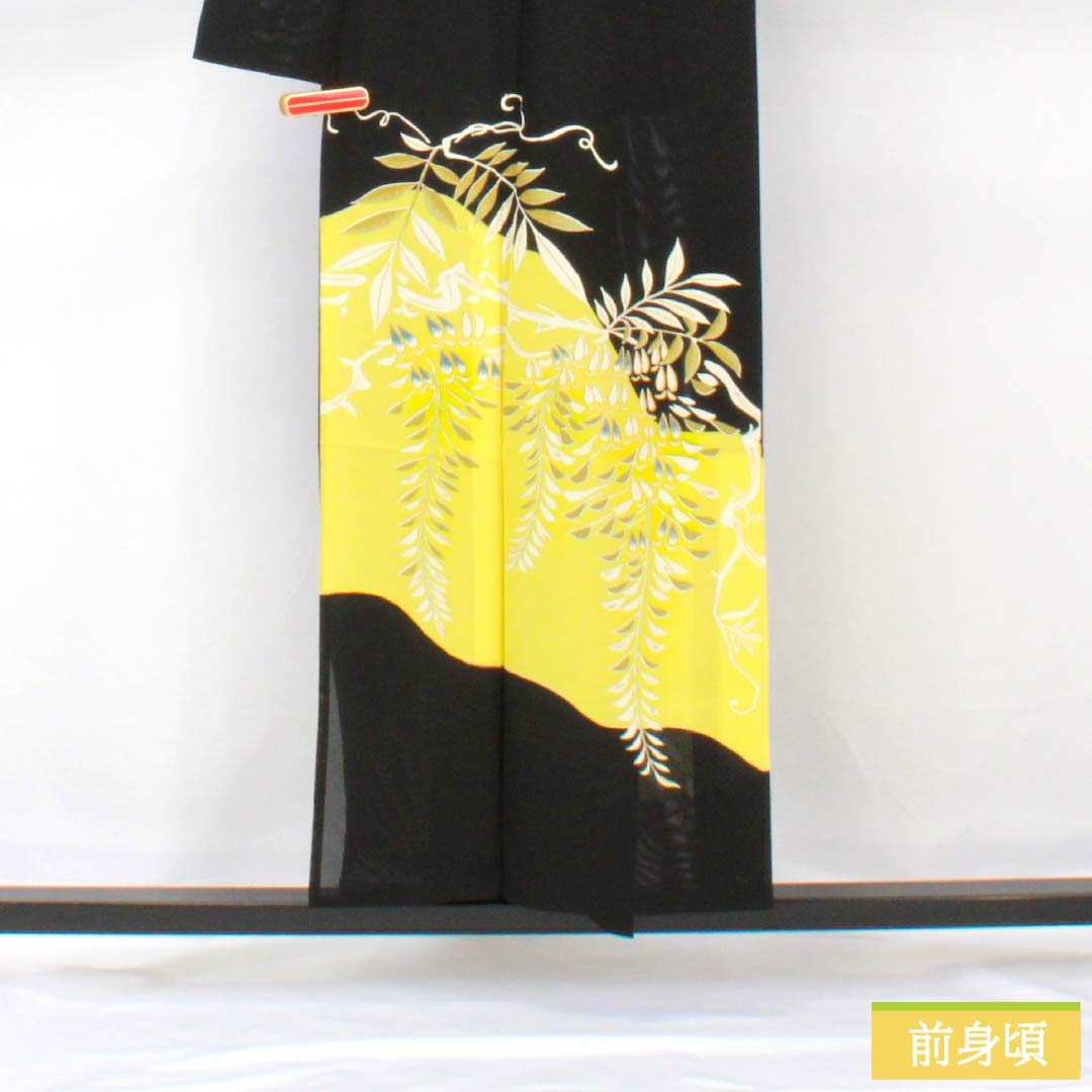 夏物 正絹 黒留袖 身丈153cm 裄丈62cm 京友禅 五つ紋 下り藤 藤 絽 Aランク 黒系 1132002103210