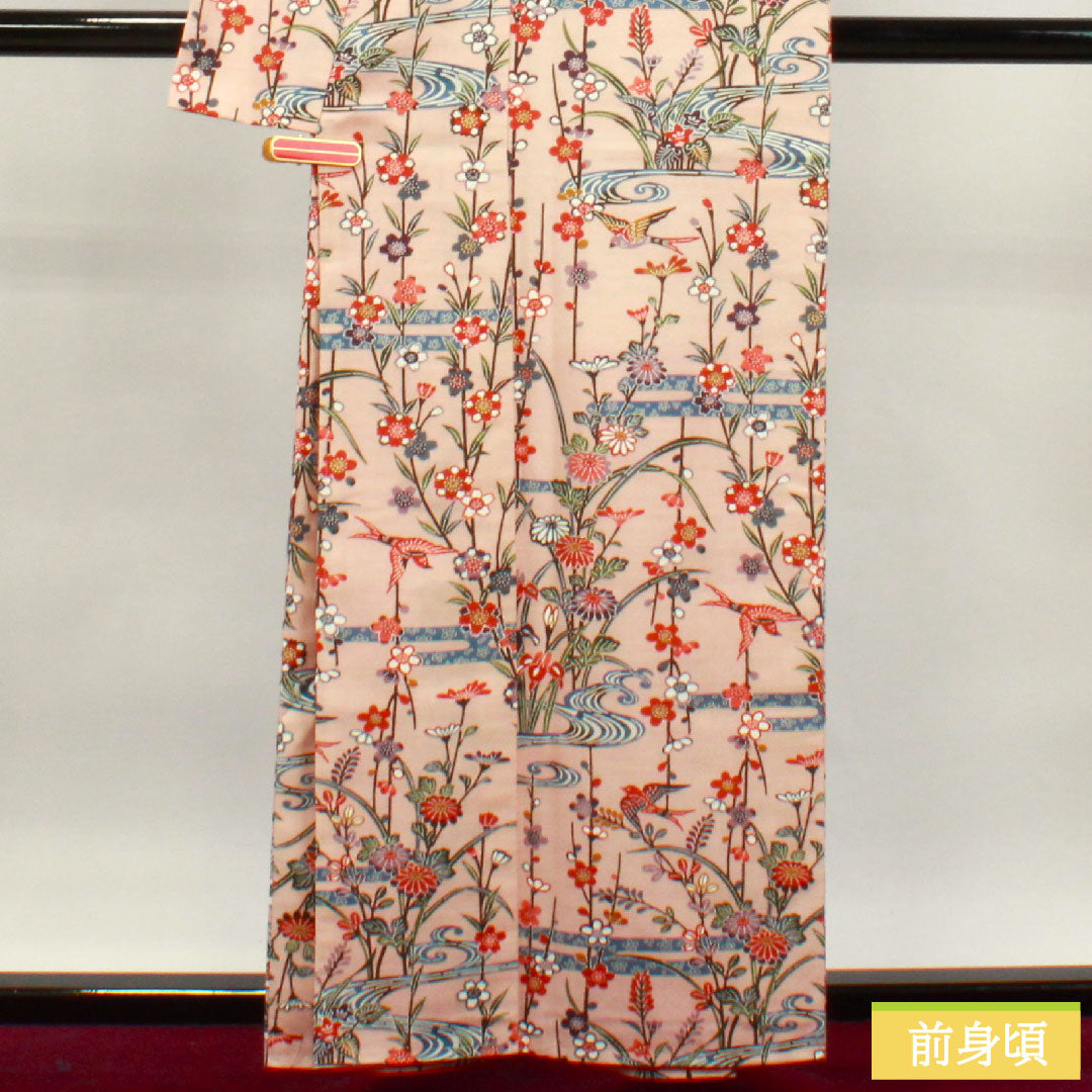 Komon, pure silk, length 159cm, sleeve length 64cm, lined, maiden color, Kyoto Bingata, auspicious pattern, pongee fabric, basting thread included, unused, S rank, pink, 1115003692313