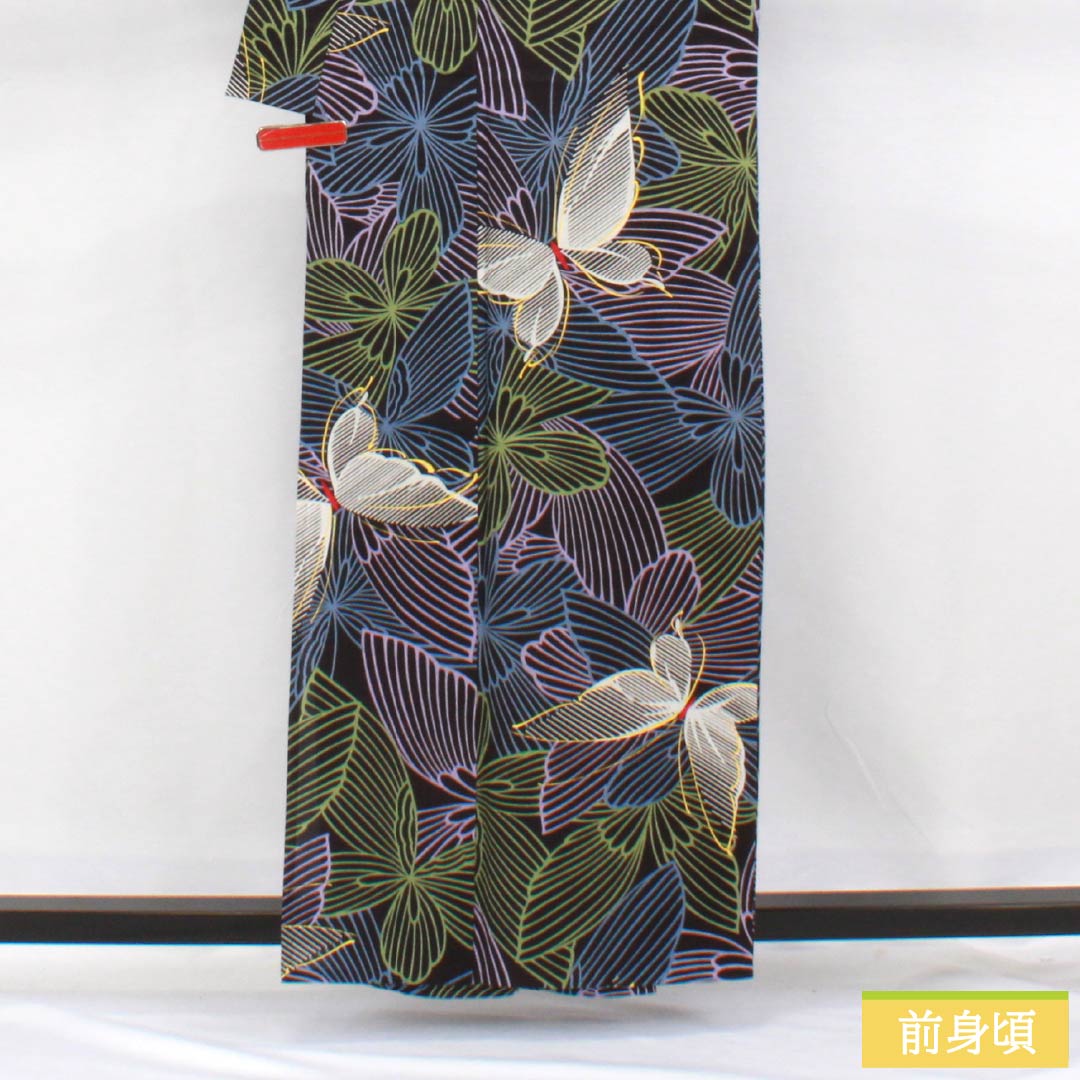 浴衣 木綿 身丈160.5cm 裄丈63.5cm Sランク 単衣 黒系 蝶 1118006342410