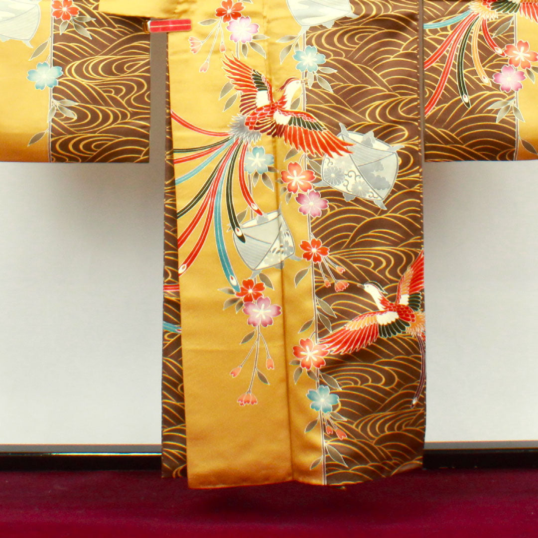 振袖 身丈157.5cm 裄丈65cm 袷 焦げ茶色 京友禅 鳳凰 糸巻き 波 正絹 Aランク 茶系 1113001543314
