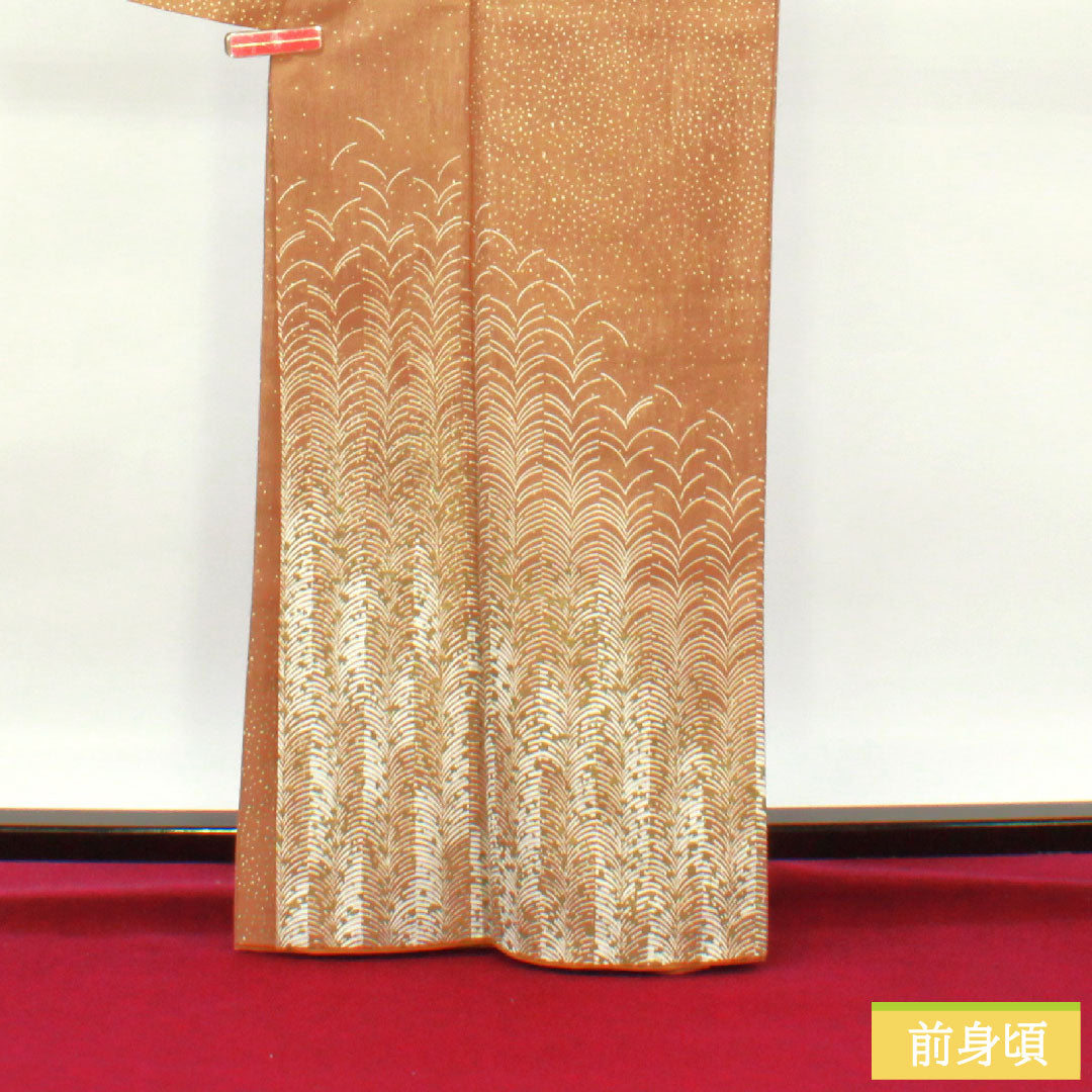 Homongi (formal kimono) made of polyester, lined, length 165cm, sleeve length 65.5cm, hunting tiger color, washable kimono, with undergarment, S rank, brown, 1112003692514