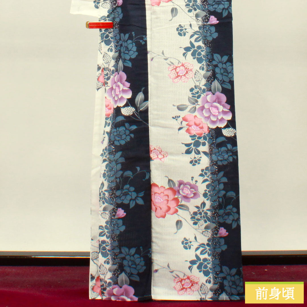 Yukata Cotton Length 166cm Sleeve length 67cm S rank Single layer White Vertical silk Peony 1118004752511
