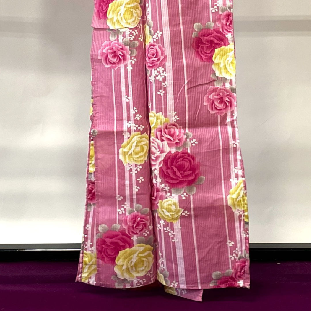 浴衣 撫子色 薔薇 縞 木綿 Aランク 単衣 身丈165.5cm 裄丈66cm ピンク系 1118002233513