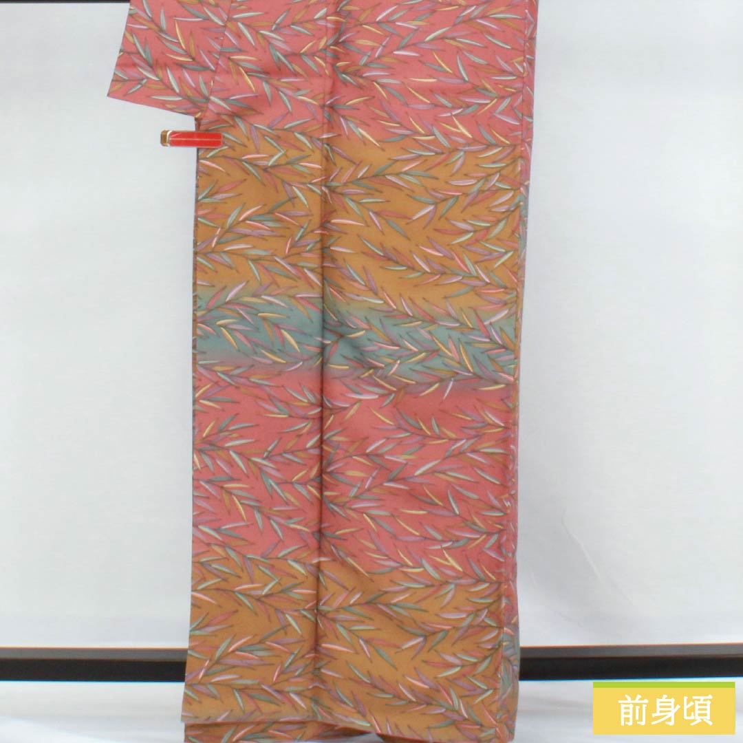 Komon (small pattern) kimono, polyester, length 164.5cm, sleeve length 67cm, lined, Choshun-iro (Choshu-iro), Rakko-iro (Rakko-iro), Aito-no-chairo (Aito-no-chairo), bamboo leaves, horizontal stripes, S rank, gradient, product number 1115006252499