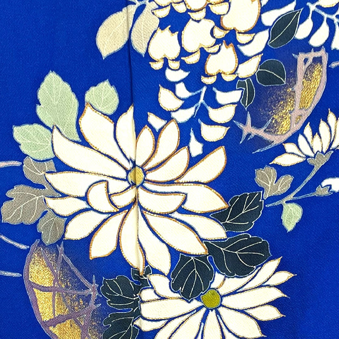 訪問着 袷 身丈163cm 裄丈68cm 瑠璃紺色 桜 菊 椿 正絹 Aランク 青系 1112001683417